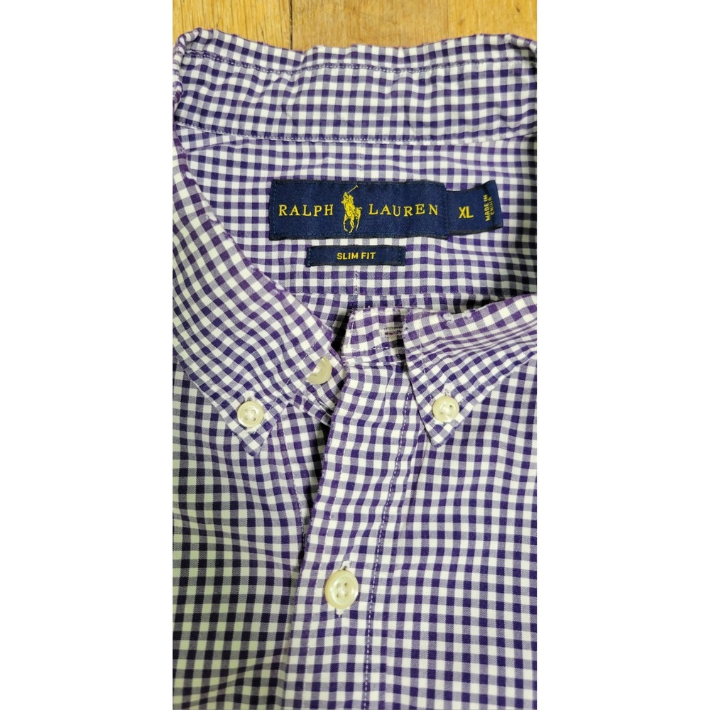 Polo Ralph Lauren Mens XL Slim Fit Purple Gingham Cotton Sport Shirt Red Pony - Picture 7 of 8